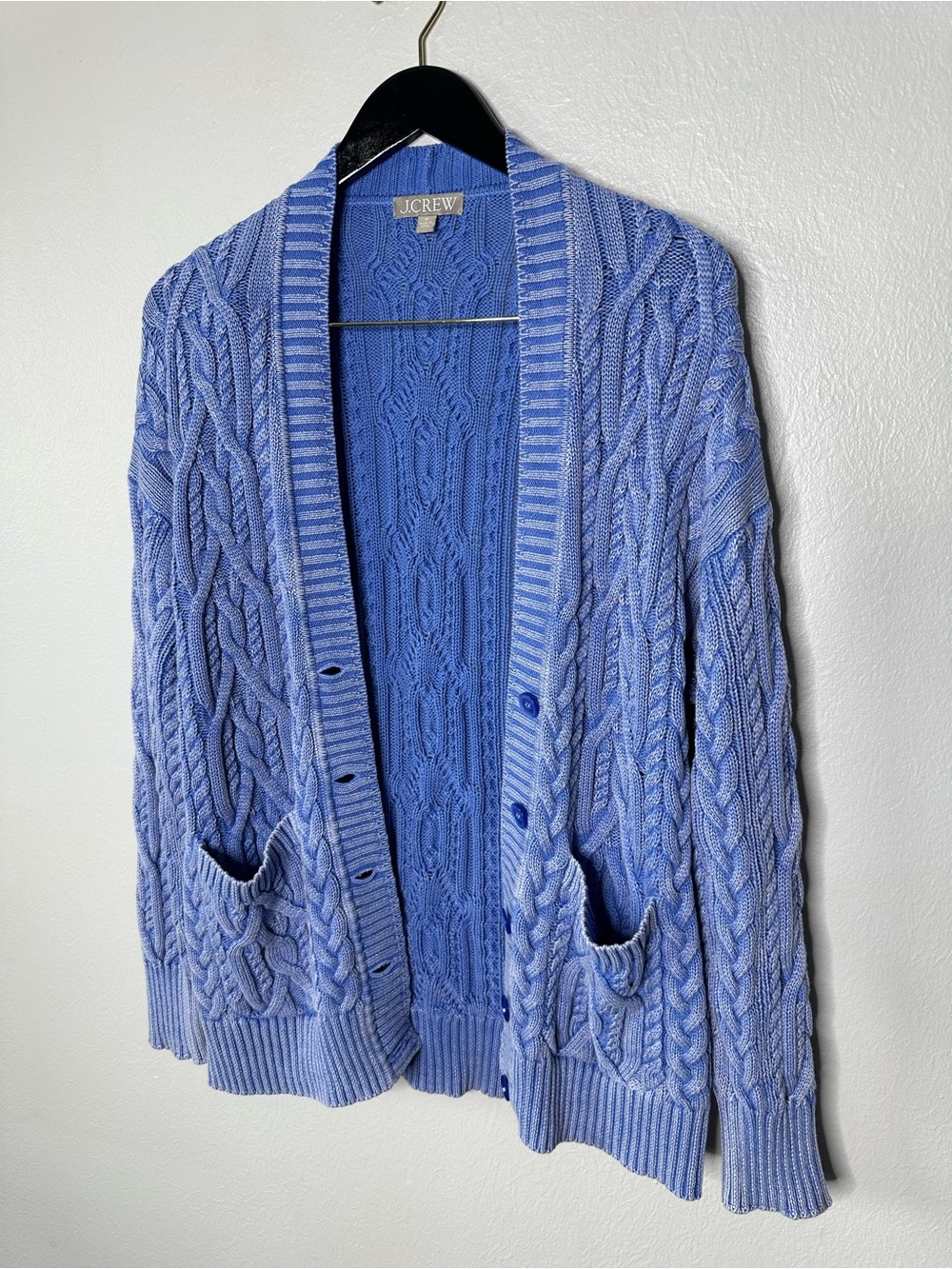 J.Crew Washed Blue Cable-Knit V-Neck Cardigan Sweater - Picture 3 of 9